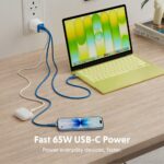 Targus HyperJuice Flex 65W GaN Wall Charger with 2 USB-C and 1 USB-A Ports, Blue and White AC Adapter