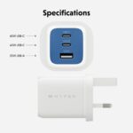 Targus HyperJuice Flex 65W GaN Wall Charger with 3 Ports 2 USB-C 1 USB-A USB Power Delivery Blue White UK Plug