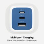 Targus HyperJuice Flex 65W GaN Wall Charger with 3 Ports 2 USB-C 1 USB-A USB Power Delivery Blue White UK Plug