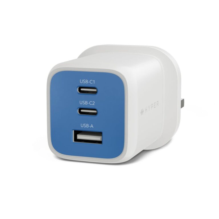 Targus HyperJuice Flex 65W GaN Wall Charger with 3 Ports 2 USB-C 1 USB-A USB Power Delivery Blue White UK Plug