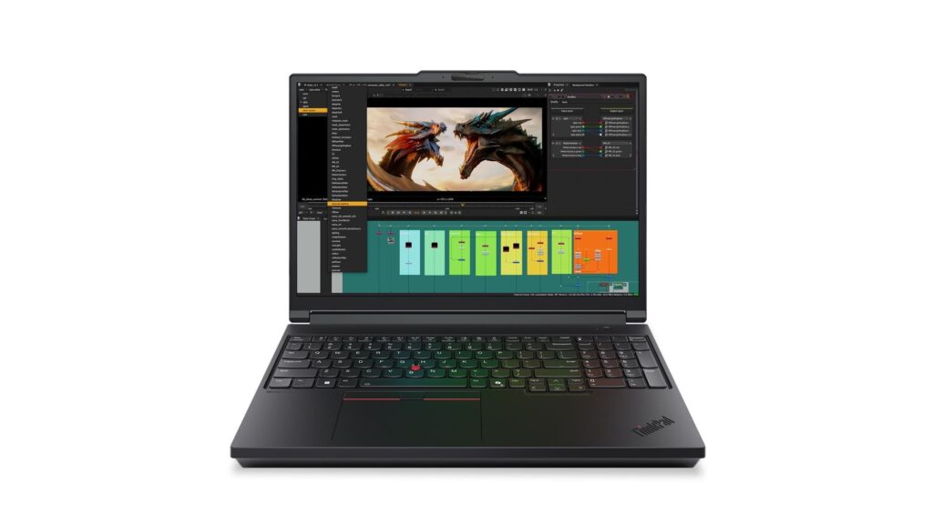 Lenovo ThinkPad P16 Gen 3 mobile workstation open, showing a compositing application on the 16 inch screen