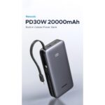 Ugreen 20000mAh Power Bank 30W 3 USB-C 1 USB-A with Built-in USB-C Cable Grey