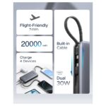 Ugreen 20000mAh Power Bank 30W 3 USB-C 1 USB-A with Built-in USB-C Cable Grey