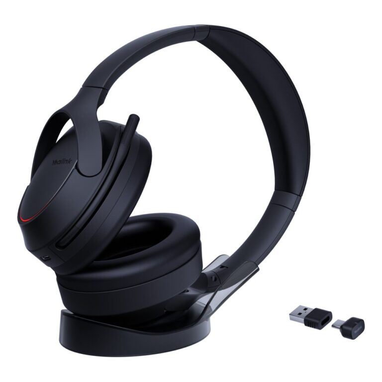 Yealink BH78 Wireless Wired Headset with ANC Boom Mic Bluetooth 5.3 USB-C and USB-A Black, Stand