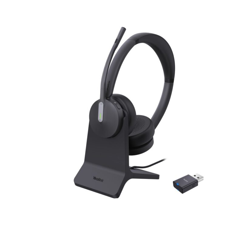 Yealink WH64 Hybrid Headset Wireless DECT Bluetooth 5.2 USB Charging Stand Binaural Boom Mic Black