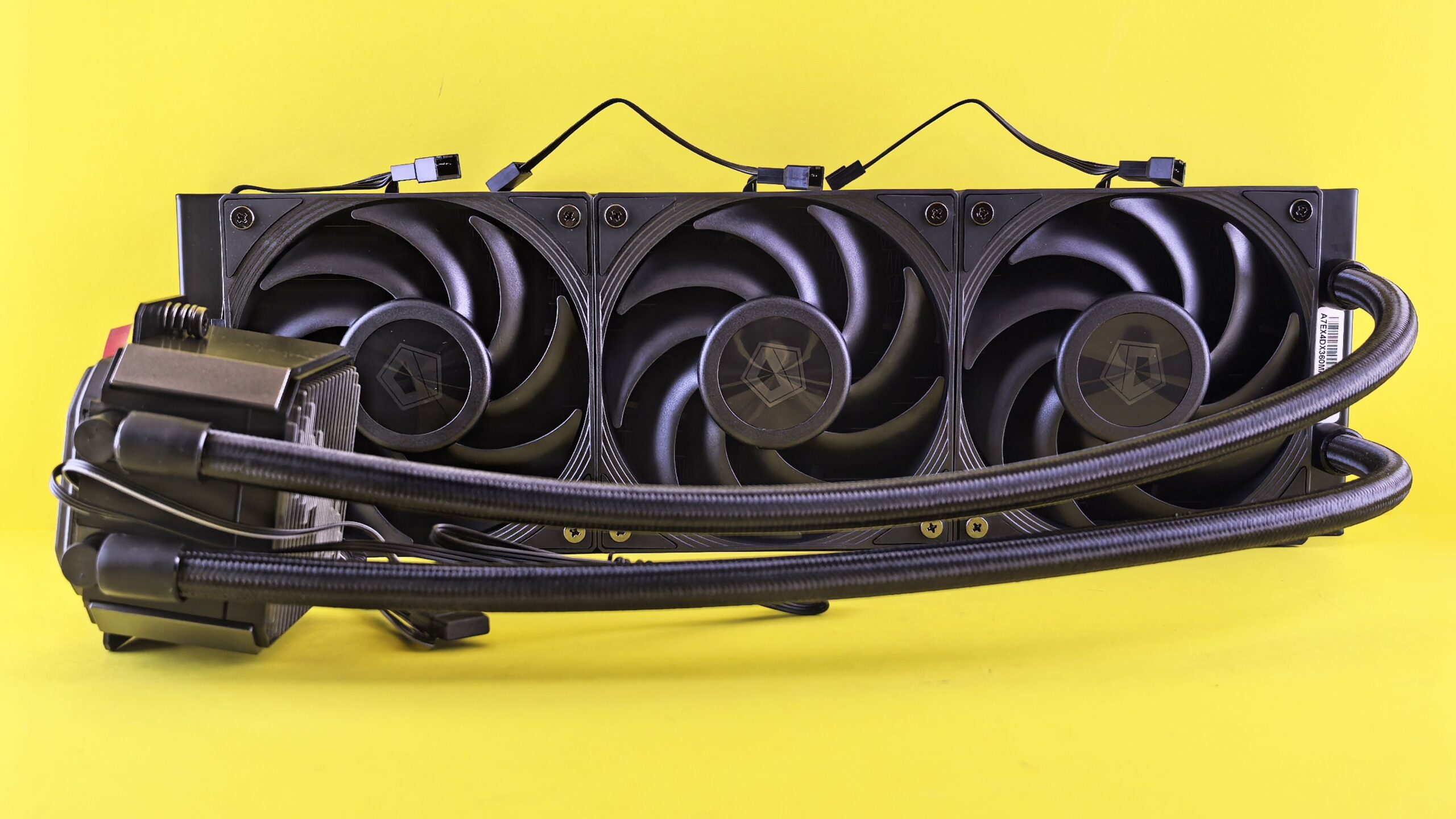 A 360mm all-in-one liquid CPU cooler with three fans on the radiator and the pump block beside it