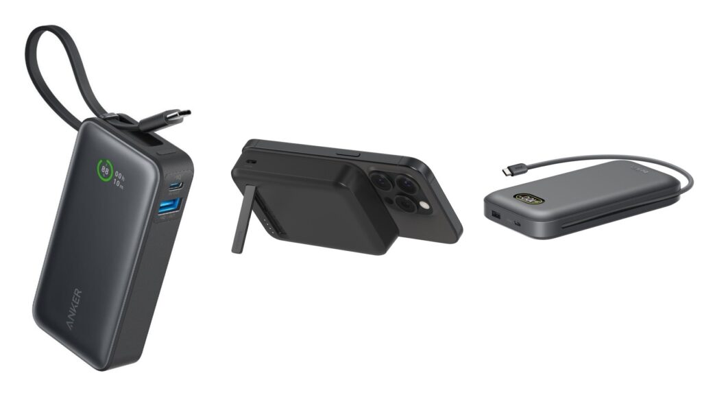 Anker Nano 10K power bank with built-in cable, Belkin Qi2 magnetic power bank on an iPhone, and Belkin UltraCharge Pro 27K laptop power bank