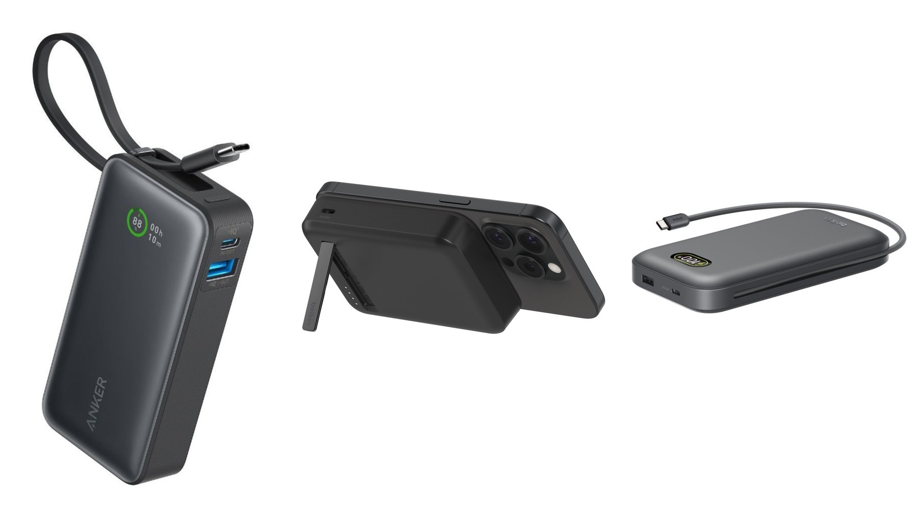 Anker Nano 10K power bank with built-in cable, Belkin Qi2 magnetic power bank on an iPhone, and Belkin UltraCharge Pro 27K laptop power bank