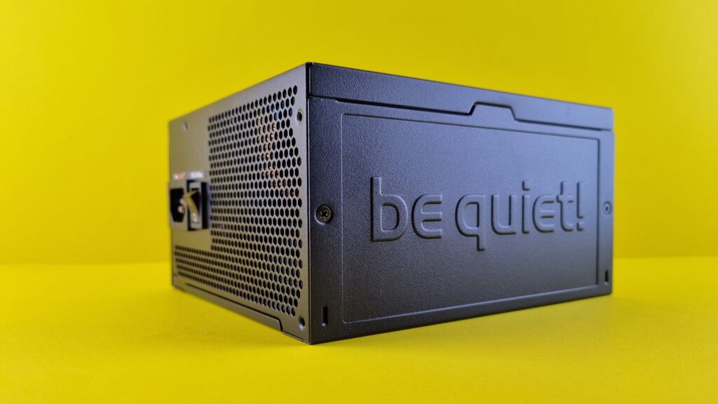 A be quiet! ATX power supply on a yellow background