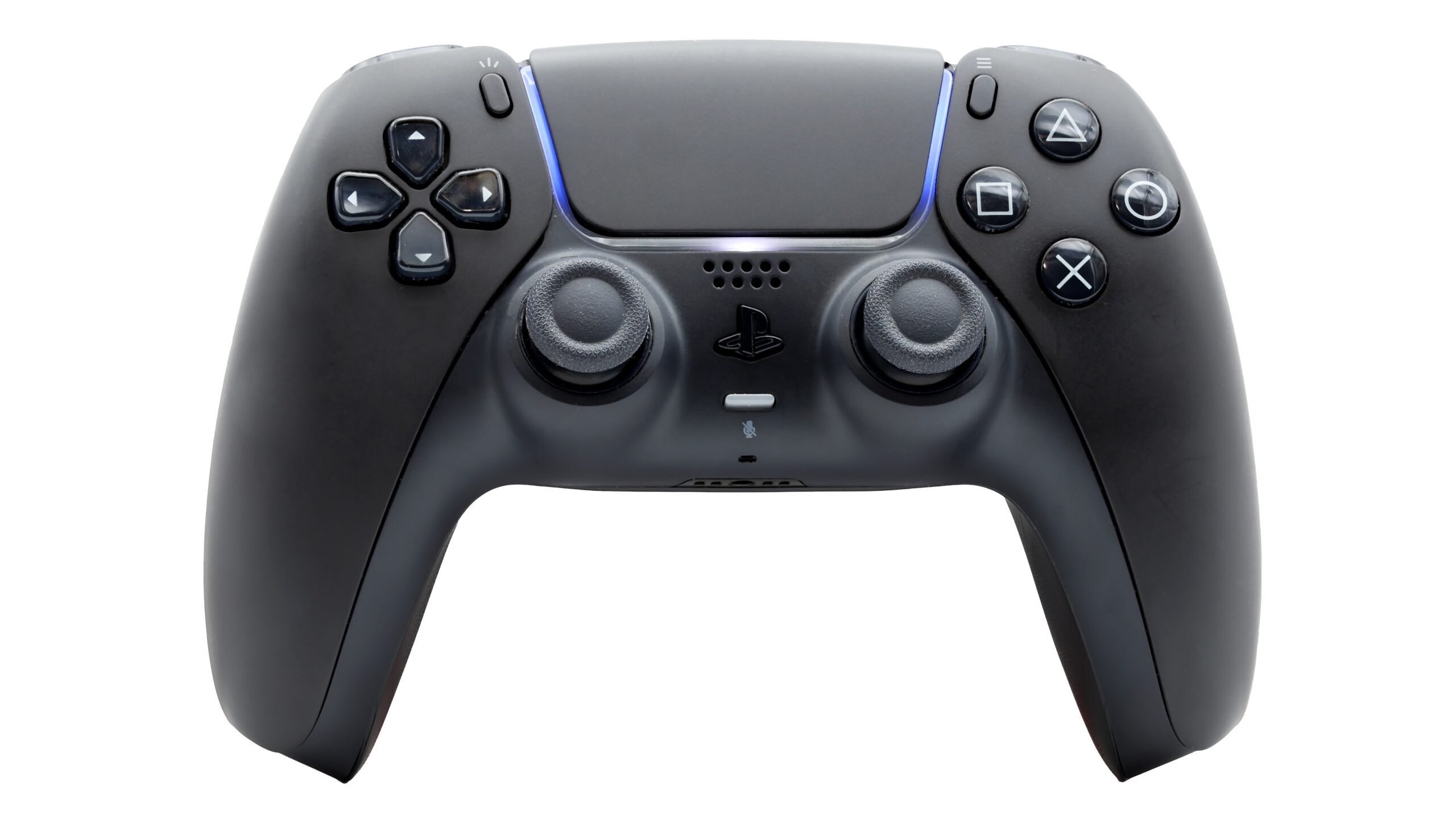 Black DualSense wireless controller for PS5 seen from the front on a white background