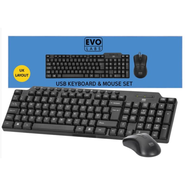 Evo Labs CM-501UK Wired Multimedia Keyboard and Mouse Combo Set Full Size UK QWERTY Layout USB Optical Sensor Black