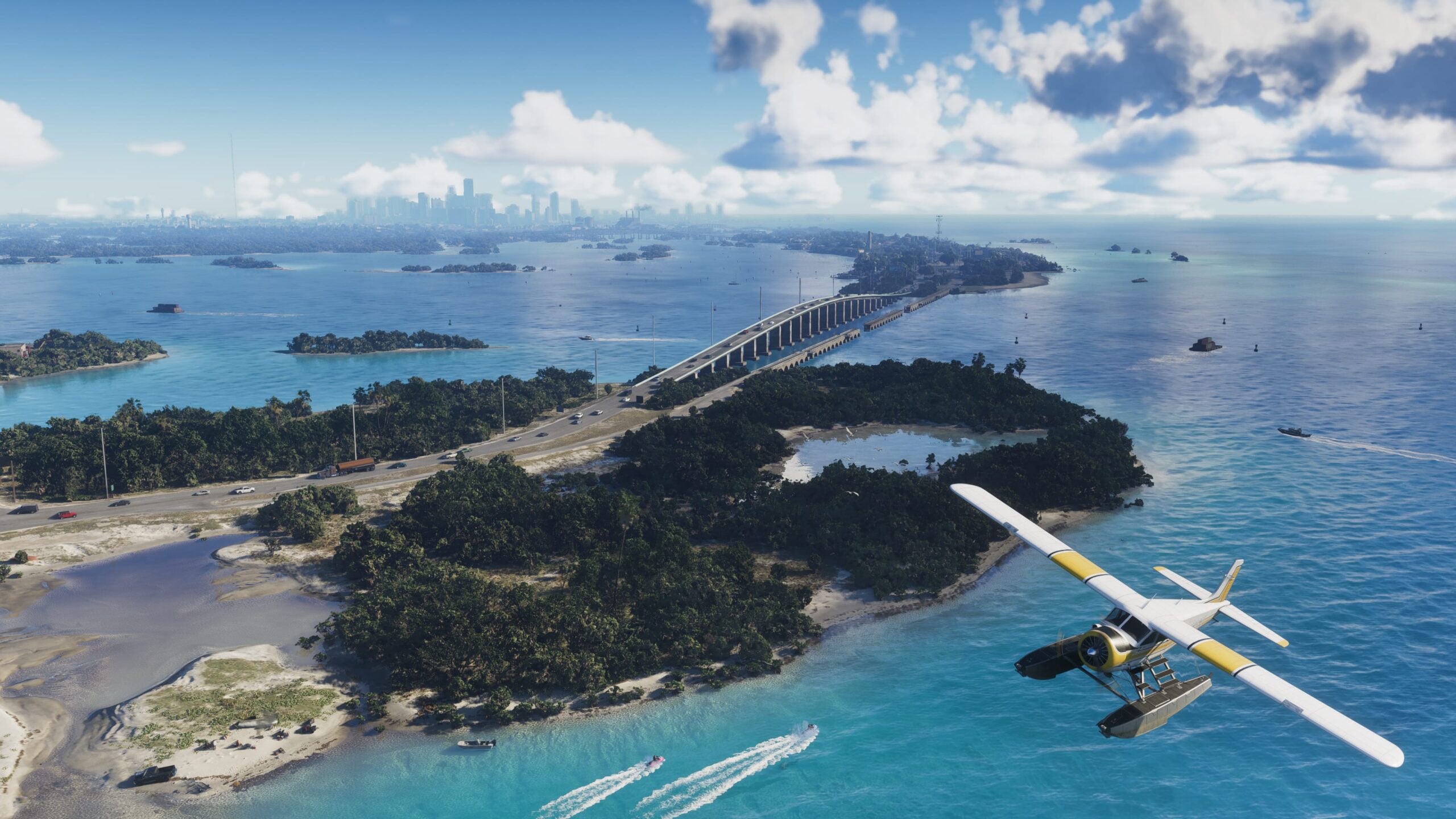Official GTA 6 screenshot of the Leonida Keys from the air, with a seaplane over islands and a bridge