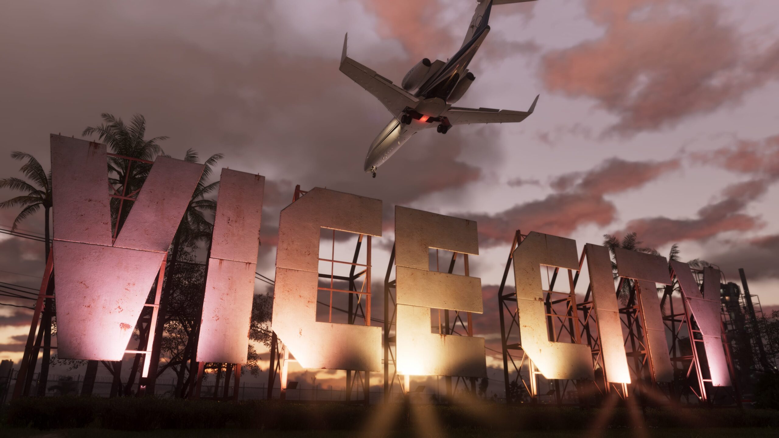 Official GTA 6 screenshot of the Vice City sign at sunset with a plane flying overhead