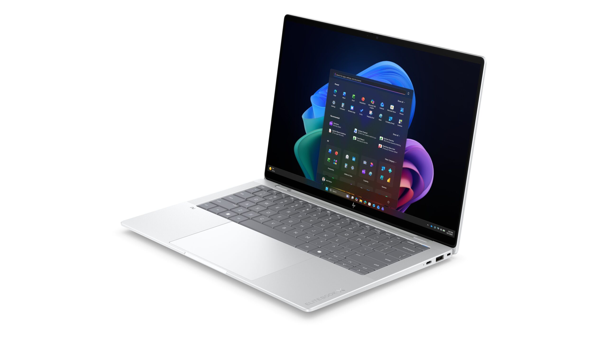 HP EliteBook X G2i business laptop seen from the front left with its screen on
