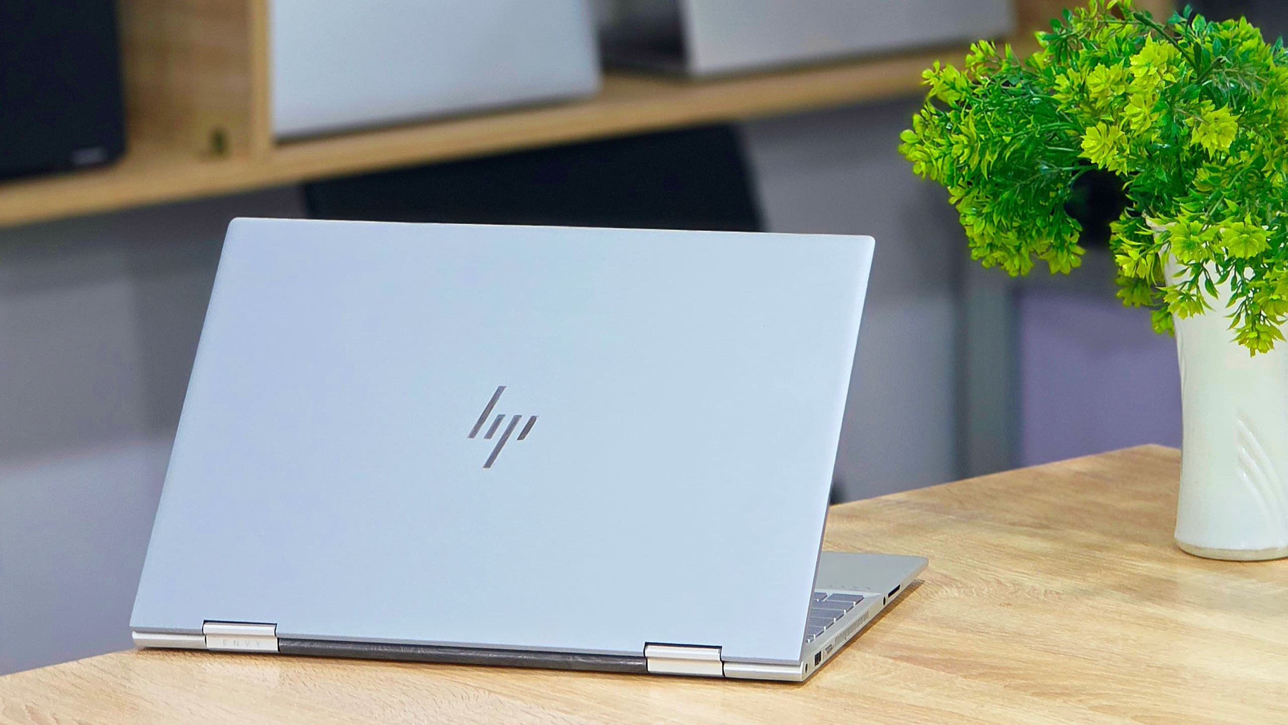 HP convertible laptop open on a wooden desk next to a green plant, seen from behind