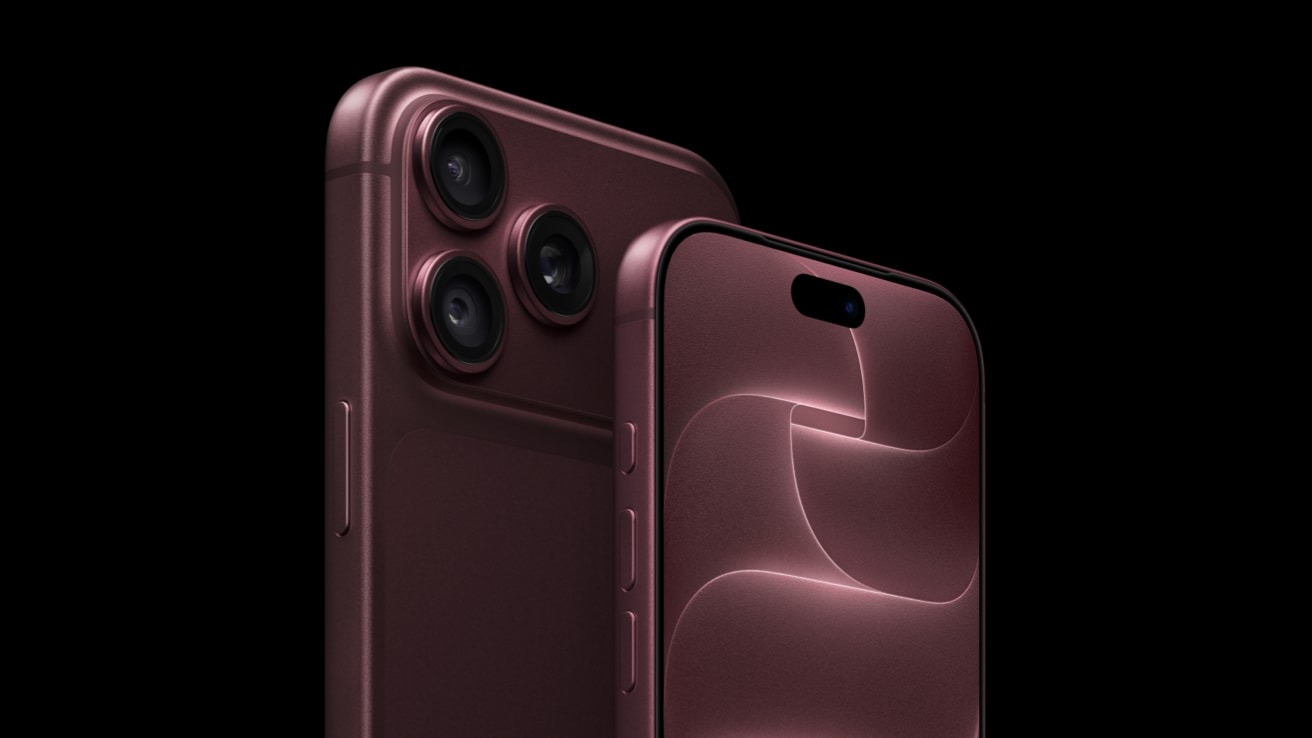 Apple press render of the iPhone 18 Pro in burgundy, showing the camera block and front screen