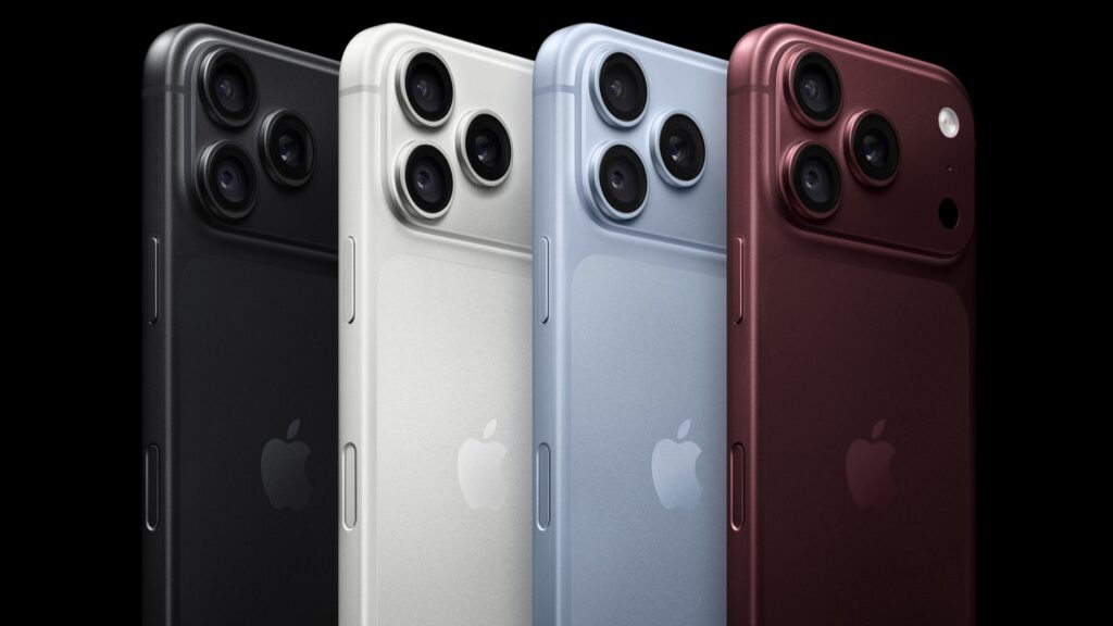 Apple press render of four iPhone 18 Pro phones from behind in black, silver, glacier and burgundy
