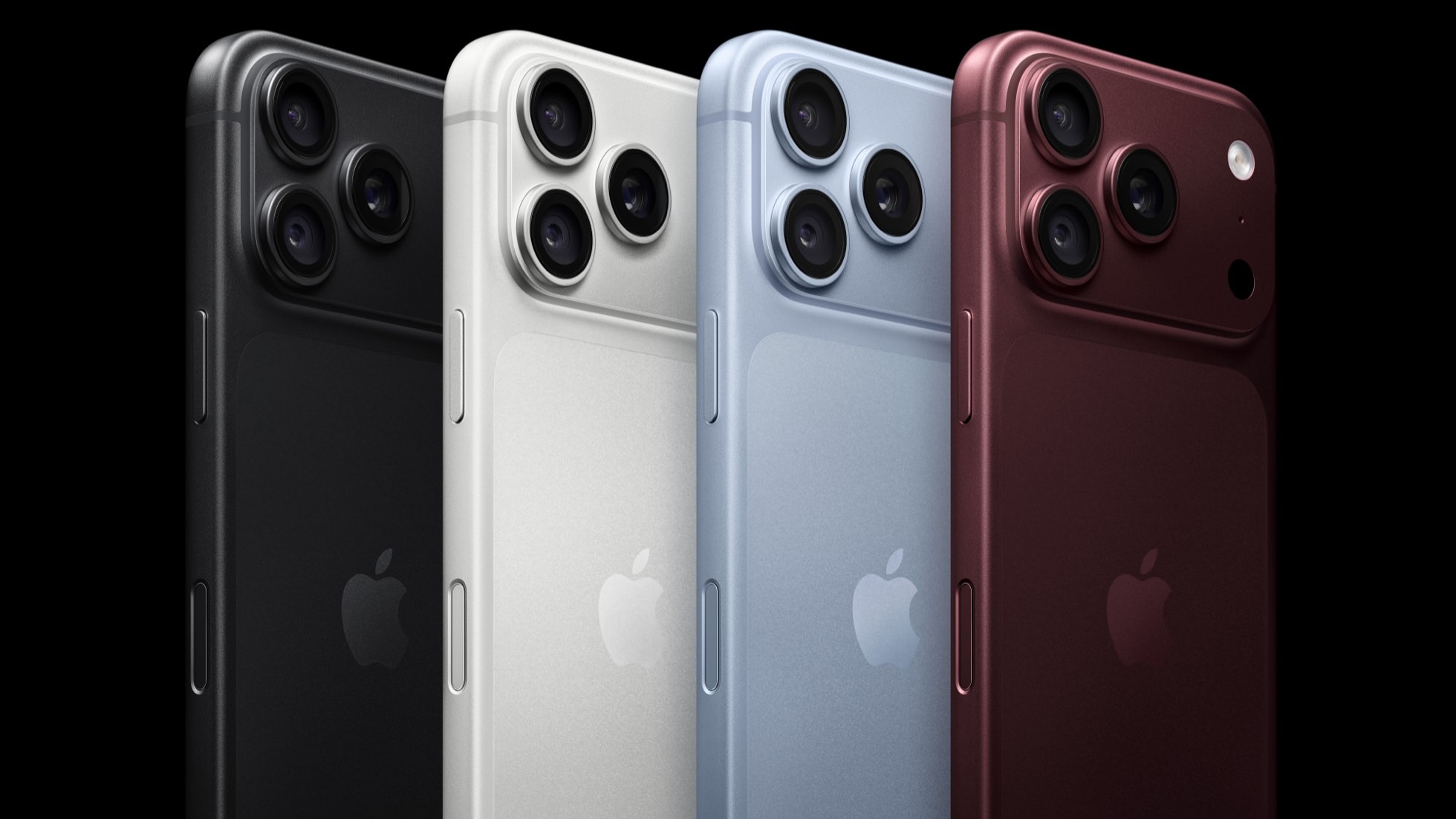 Apple press render of four iPhone 18 Pro phones from behind in black, silver, glacier and burgundy