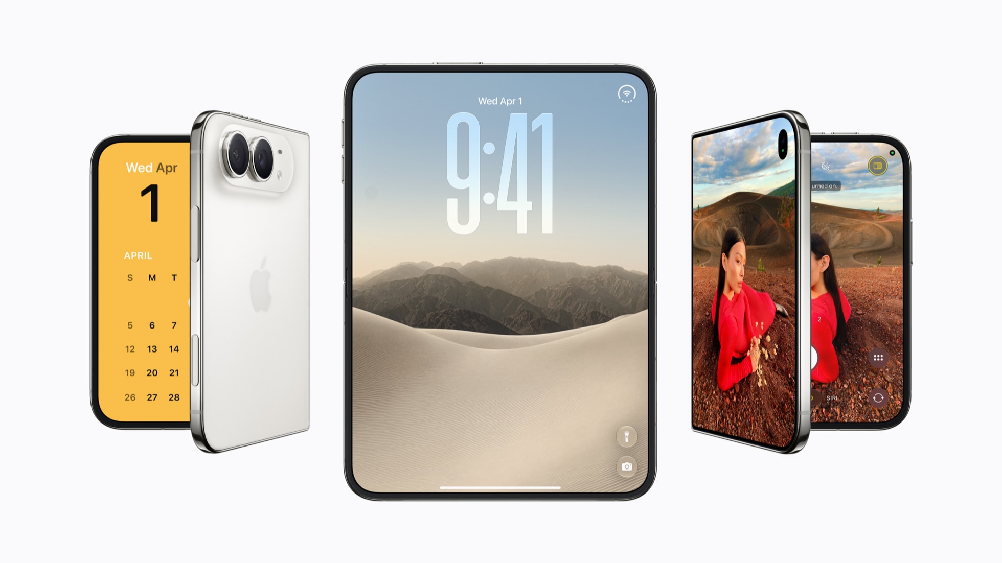 Three iPhone Duo phones: half-folded showing the outer screen and two rear cameras, fully open showing the inner screen, and half-open showing a photo preview on both screens