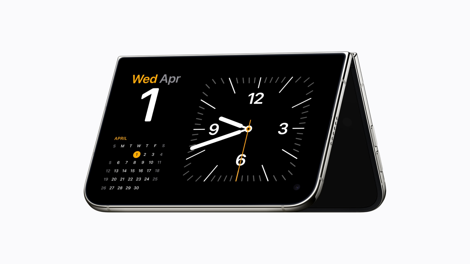 iPhone Duo folded into a tent shape on a table, showing a clock and calendar on screen