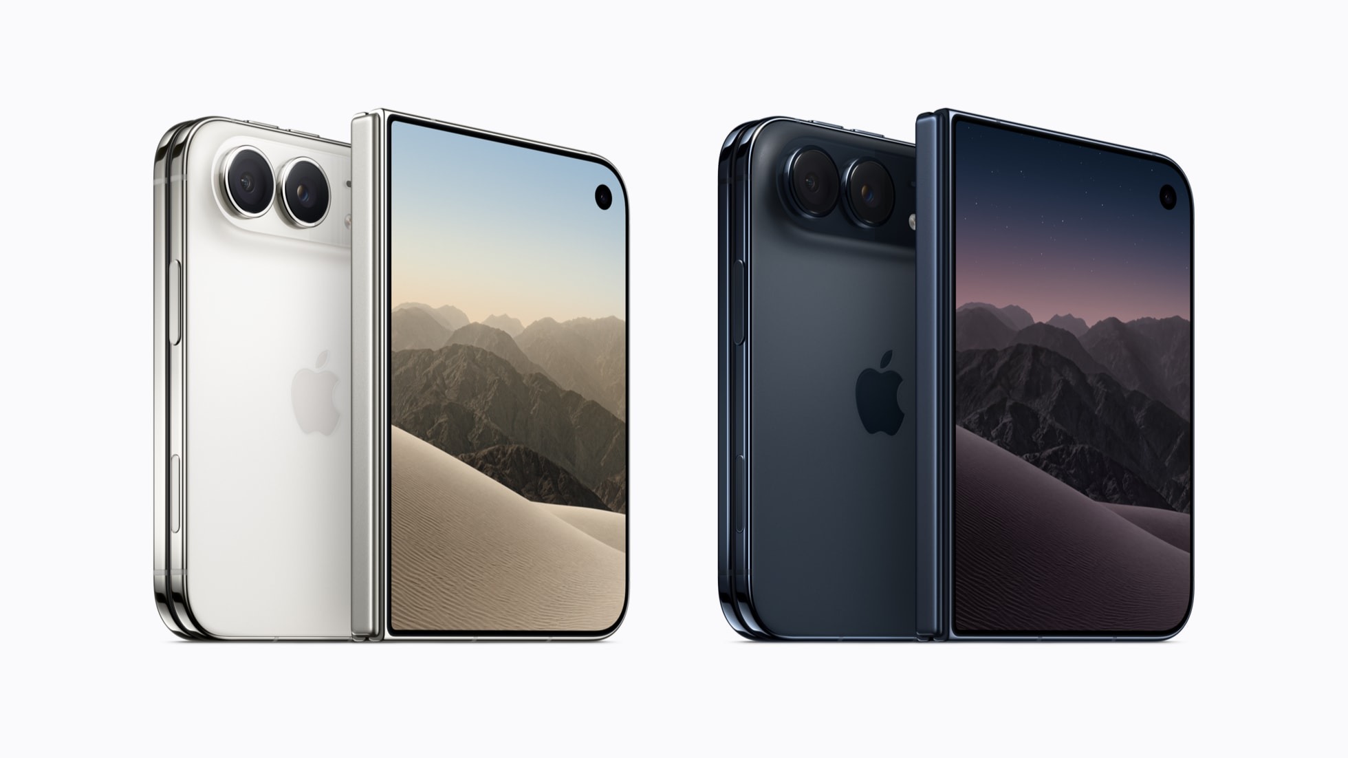 Apple press render of the iPhone Duo foldable in star white and night sky, half open
