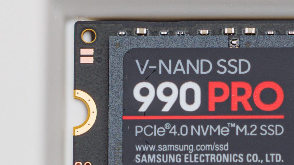 Close-up of the Samsung 990 Pro label on a PCIe 4.0 NVMe M.2 SSD