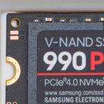 Close-up of the Samsung 990 Pro label on a PCIe 4.0 NVMe M.2 SSD