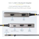 StarTech.com USB-C Multiport Adapter Black 4K 60Hz HDMI 100W Power Delivery Pass-Through 3-Port USB Hub 30cm Cable