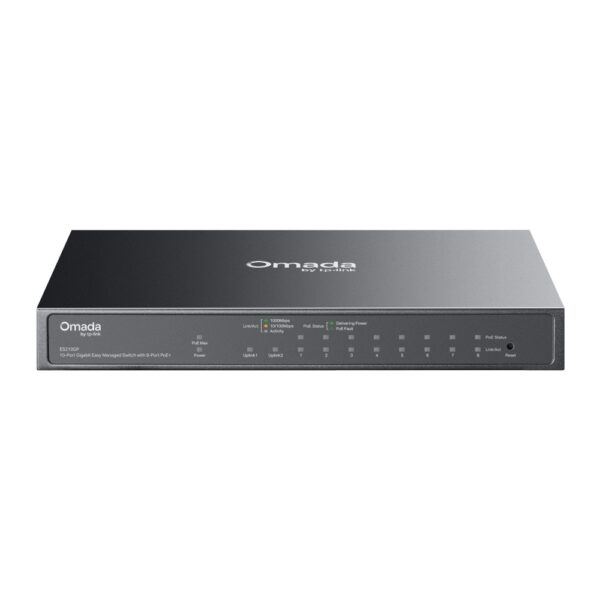 TP-Link Omada ES210GP Managed L2 Gigabit Ethernet Switch 10 Port 8 PoE+ 63W Budget DIN Rail Cloud Managed Black