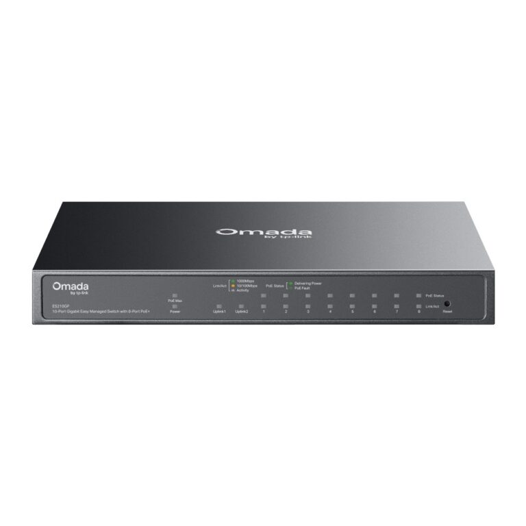 TP-Link Omada ES210GP Managed L2 Gigabit Ethernet Switch 10 Port 8 PoE+ 63W Budget DIN Rail Cloud Managed Black